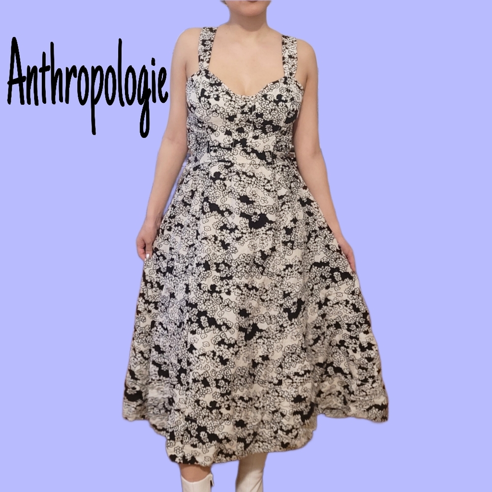 Anthropologie Floral Black and Off-White Midi Dress